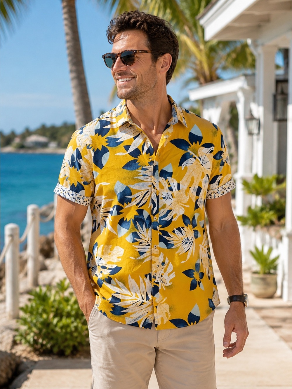 Denim & Flower Men’s Large Yellow Tropical Floral Hawaiian Resort Shirt